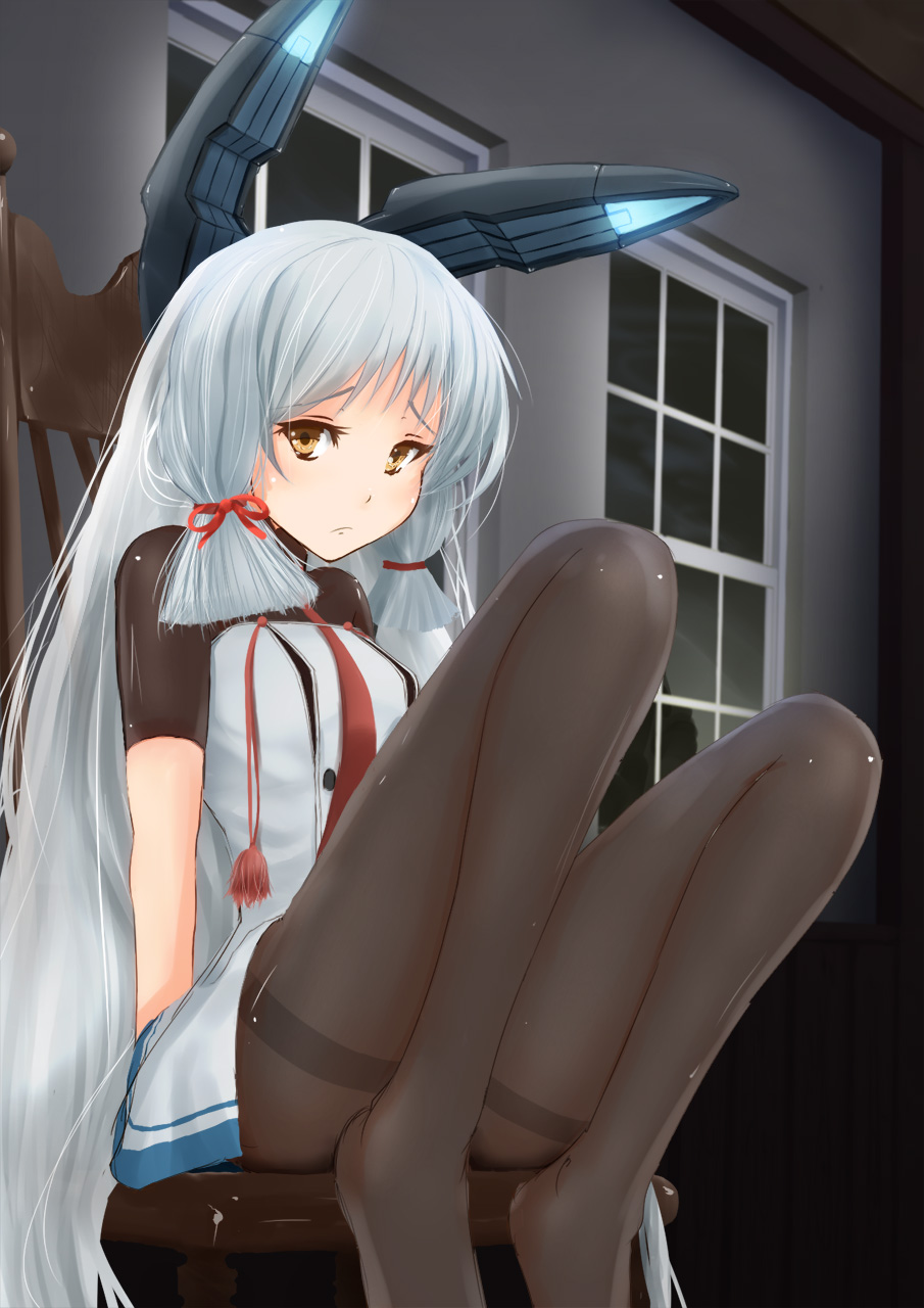 1girl bangs blunt_bangs breasts dress frown hair_ribbon headgear highres kantai_collection long_hair murakumo_(kantai_collection) necktie night pantyhose remodel_(kantai_collection) ribbon sidelocks small_breasts solo strapless strapless_dress thighband_pantyhose tress_ribbon very_long_hair yoshino_(yoshino-yoshii)