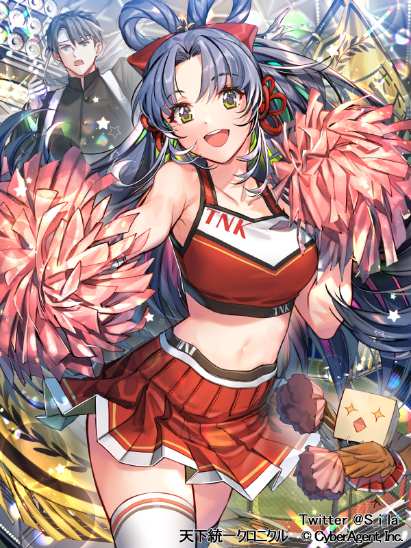 1boy 1girl :d arm_up blue_hair cheerleader clenched_hand gloves hair_ribbon hair_rings headband interitio midriff navel official_art open_mouth ouendan pom_poms red_ribbon red_skirt ribbon skirt smile standing tenka_touitsu_chronicle uniform watermark white_gloves white_headband white_legwear