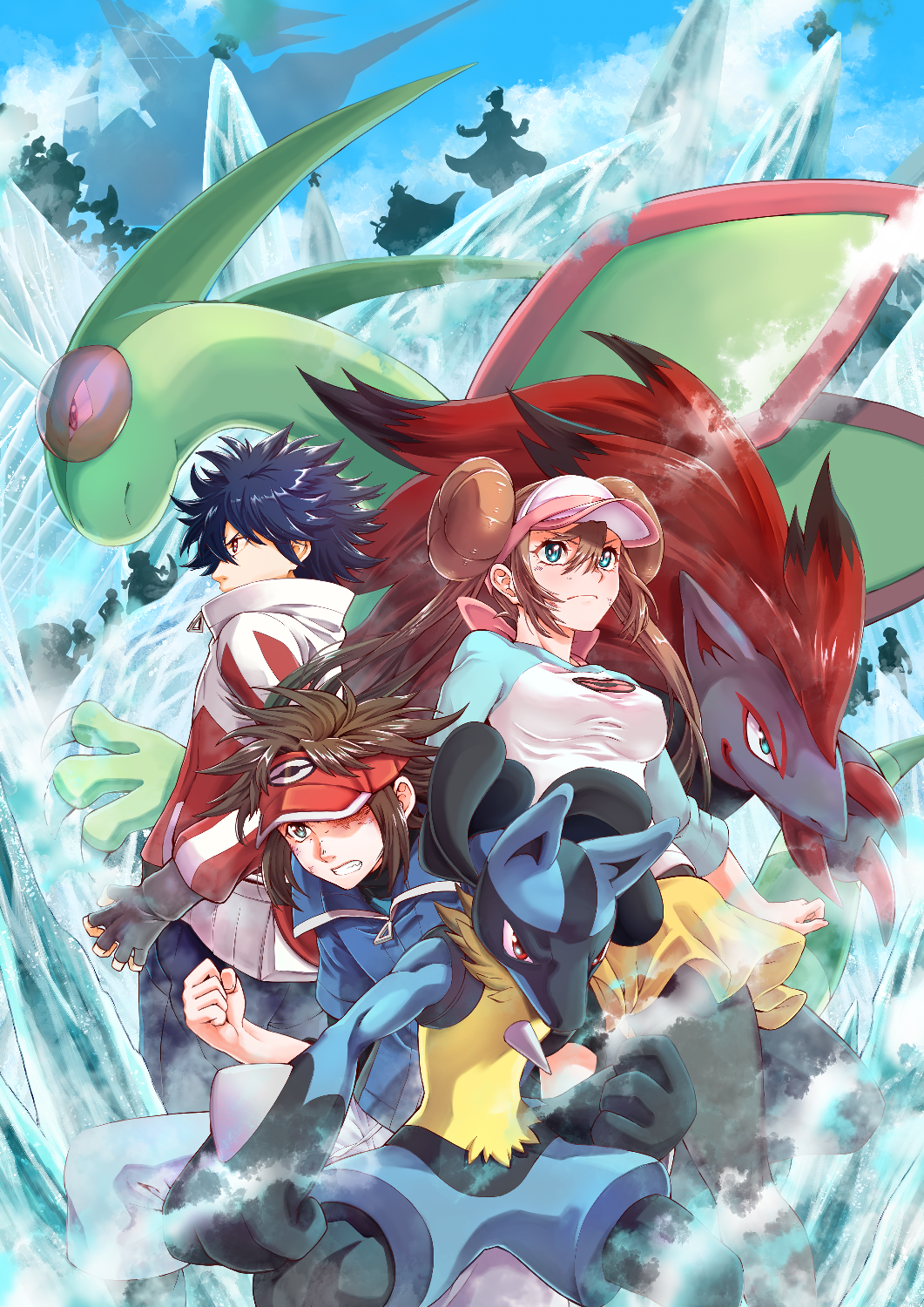 1girl 2boys bangs black_gloves black_hair black_legwear blue_eyes blue_jacket breasts brown_hair clenched_hand clenched_teeth closed_mouth commentary_request double_bun fingerless_gloves flygon gen_3_pokemon gen_4_pokemon gen_5_pokemon gloves hair_between_eyes highres hue_(pokemon) ice jacket kyouhei_(pokemon) light_frown long_hair lucario mei_(pokemon) multiple_boys pantyhose pokemon pokemon_(creature) pokemon_(game) pokemon_bw2 raglan_sleeves red_headwear ryuusei_(trickster) short_hair short_shorts shorts silhouette spiked_hair teeth twintails two-tone_headwear visor_cap yellow_shorts zoroark