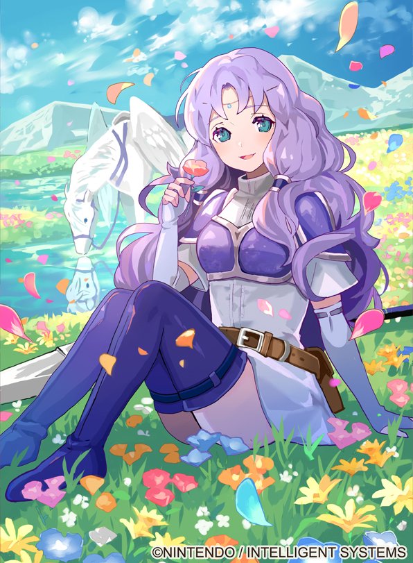 1girl arm_support bangs belt blue_eyes blue_sky blush boots breastplate cloud cloudy_sky commentary_request company_name copyright_name dress elbow_gloves field fingerless_gloves fire_emblem fire_emblem:_the_blazing_blade fire_emblem_cipher florina_(fire_emblem) flower flower_field gloves holding holding_flower lavender_hair long_hair looking_at_viewer official_art open_mouth parted_bangs pegasus pegasus_knight petals short_dress short_sleeves shoulder_armor shoulder_pads simple_background sitting sky smile solo thigh_boots thighhighs thighs tobi_(kotetsu) water white_dress wings