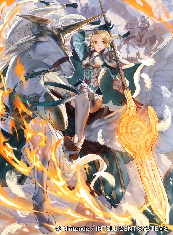 1girl armor blonde_hair cape closed_mouth company_name copyright_name feathers fire_emblem fire_emblem:_three_houses fire_emblem_cipher gloves green_cape green_eyes holding ingrid_brandl_galatea mayo_(becky2006) official_art pegasus pegasus_knight polearm riding solo_focus weapon