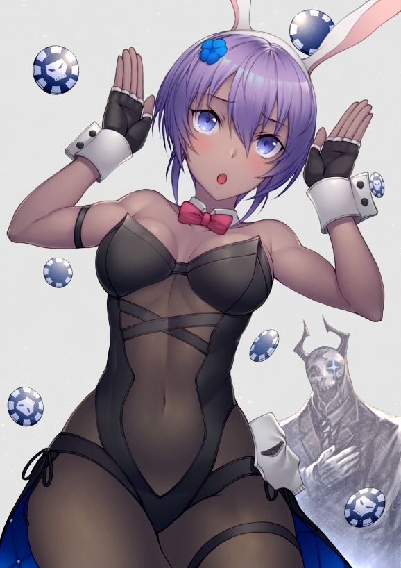 1boy 1girl animal_ears bangs banned_artist bare_shoulders black_gloves black_hairband black_legwear black_leotard blush breasts bunny_ears bunnysuit cleavage collarbone dark_skin detached_collar fake_animal_ears fate/grand_order fate/prototype fate/prototype:_fragments_of_blue_and_silver fate_(series) fingerless_gloves formal gloves glowing glowing_eyes hairband hassan_of_serenity_(fate) horns king_hassan_(fate/grand_order) kyoeiki leotard looking_at_viewer medium_breasts open_mouth pantyhose poker_chip purple_eyes purple_hair short_hair skull skull_mask suit