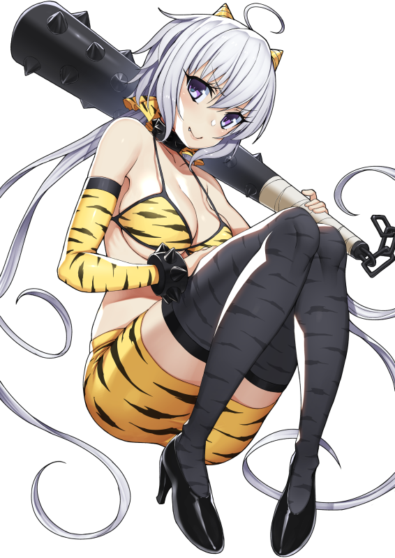 1girl ahoge animal_print bikini black_choker black_footwear choker club eyebrows_visible_through_hair fang fang_out floating from_below hand_on_own_thigh high_heels horns looking_to_the_side oni_horns over_shoulder pencil_skirt senki_zesshou_symphogear skirt solo spiked_choker spikes swimsuit thighhighs tiger_print tsukamoto_kensuke v-shaped_eyebrows weapon white_background white_hair yukine_chris zettai_ryouiki