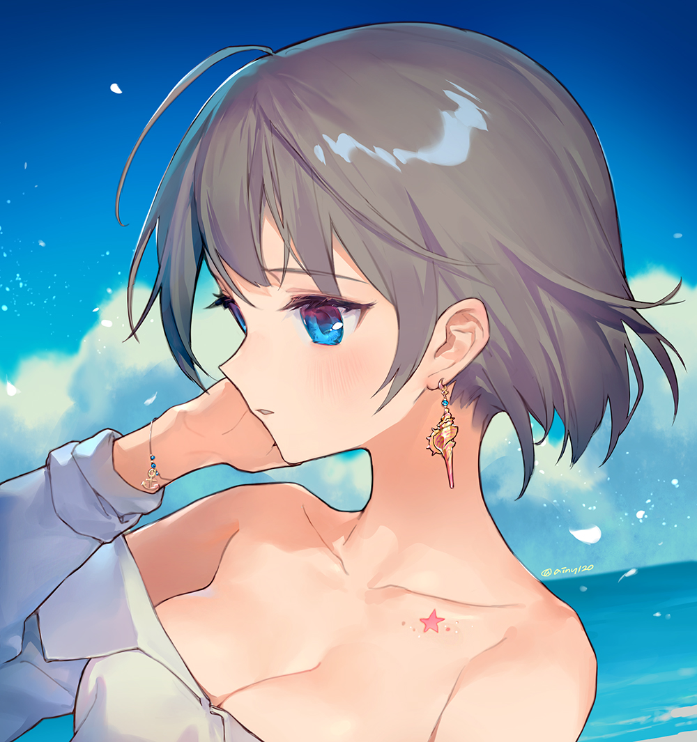 1girl ahoge ainy77 artist_name bangs bare_shoulders blue_eyes blue_sky blush breasts chest_tattoo cleavage cloud collarbone commentary_request day earrings eyebrows_visible_through_hair grey_hair grey_shirt hand_up jewelry long_sleeves medium_breasts off-shoulder_shirt off_shoulder original outdoors parted_lips shirt short_hair sky solo star_tattoo tattoo twitter_username upper_body