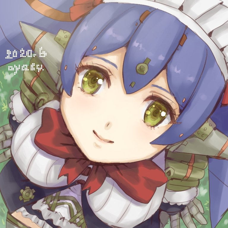 1girl 2020 android bow bowtie breasts from_above hana_(xenoblade) hana_jk maid_headdress medium_breasts oyasu_(kinakoyamamori) purple_hair red_ribbon ribbon robot_ears sitting smile solo xenoblade_(series) xenoblade_2 yellow_eyes