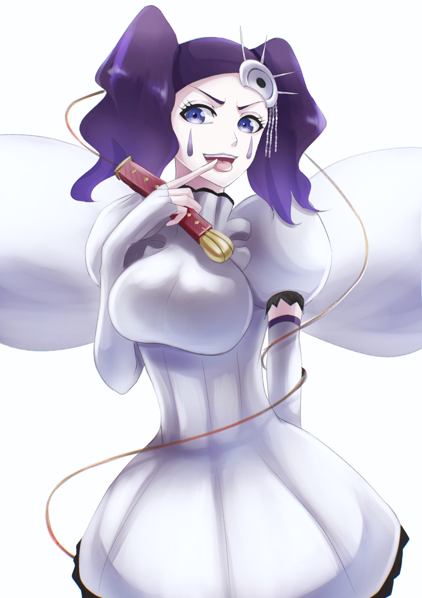 1girl bleach breasts cirucci_sanderwicci dress elbow_gloves facial_mark fake_wings finger_to_tongue fingerless_gloves gloves hair_ornament highres holding_whip large_breasts medium_hair puffy_short_sleeves puffy_sleeves purple_eyes purple_hair short_dress short_sleeves short_twintails simple_background solo sumire_1046 tongue tongue_out twintails whip white_background white_dress white_gloves wings