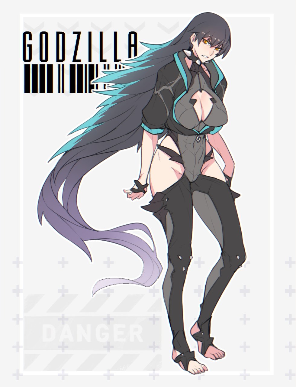 1girl absurdly_long_hair ban blue_eyes breasts cleavage collar genderswap genderswap_(mtf) godzilla godzilla_(legendary) grey_hair highres hip_vent large_breasts long_hair looking_at_viewer multicolored_hair persona spiked_collar spikes toeless_legwear two-tone_hair very_long_hair yellow_eyes