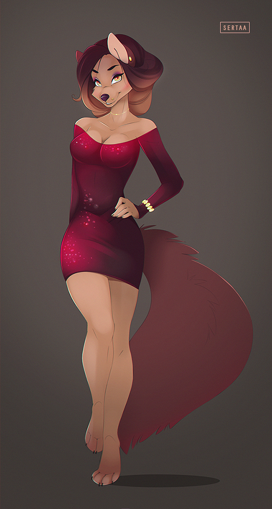 anthro breasts canid canine cleavage clothed clothing dress female hair mammal sertaa solo