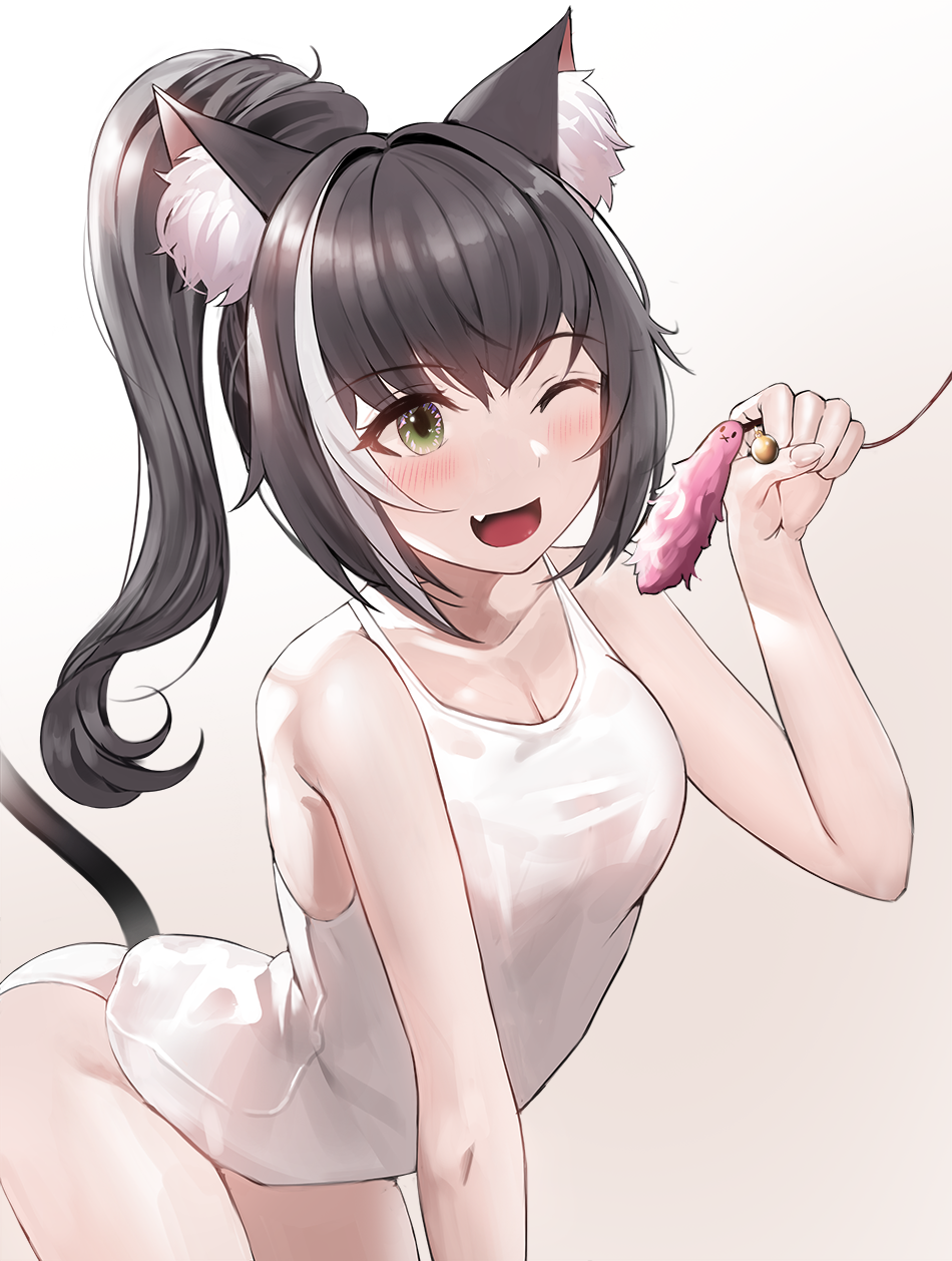 1girl animal_ear_fluff animal_ears bare_arms bare_legs bare_shoulders black_hair blush cat_ears cat_tail cat_teaser collarbone commentary_request eyebrows_visible_through_hair fang gradient gradient_background green_eyes highres holding karyl_(princess_connect!) ponytail princess_connect! princess_connect!_re:dive school_swimsuit simple_background solo suou-sensei swimsuit tail white_school_swimsuit white_swimsuit