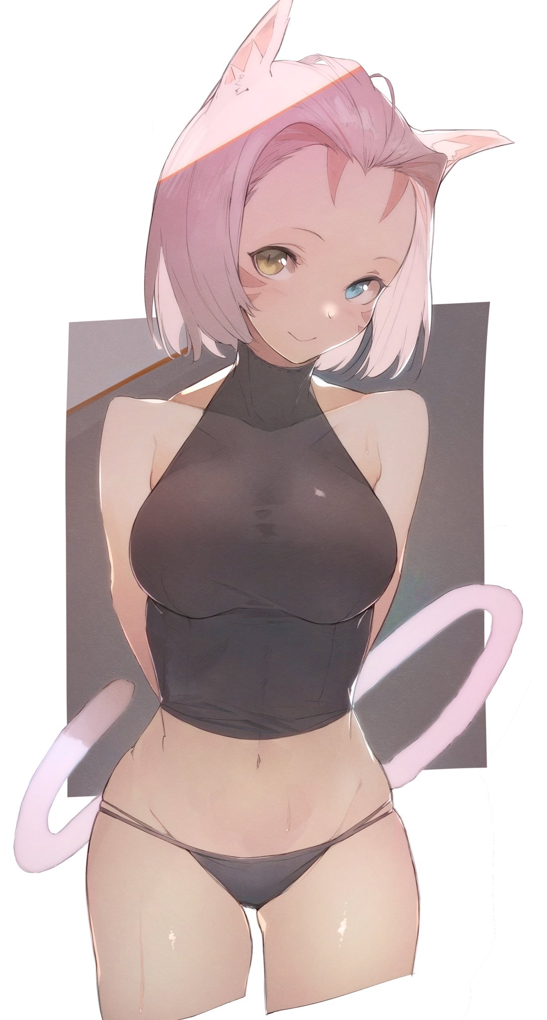 1girl animal_ears bare_shoulders blue_eyes breasts cat_ears cat_tail facial_mark final_fantasy heterochromia highres large_breasts midriff miqo'te pink_hair pisuta_(yamashiro) short_hair solo tail turtleneck yellow_eyes