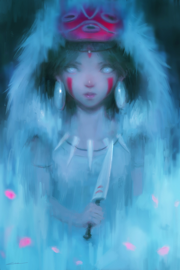 1girl alex_chow alternate_eye_color black_hair clenched_hand earrings english_commentary facepaint facing_viewer fantasy fur_shirt holding holding_knife jewelry knife light_blue_eyes lips mononoke_hime necklace petals pink_lips portrait san shirt short_hair sleeveless sleeveless_shirt solo tooth_necklace white_shirt wolf_pelt