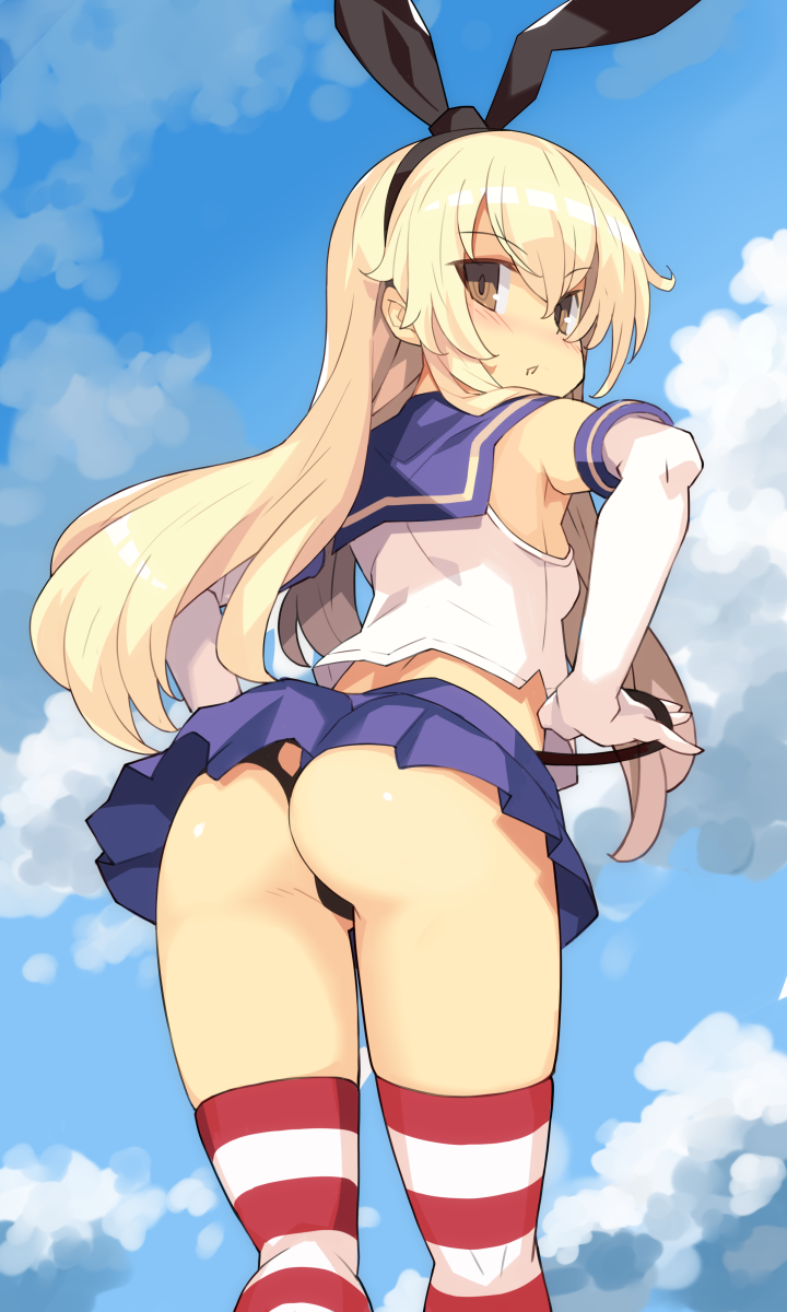 1girl ass black_panties black_ribbon blonde_hair blue_skirt blue_sky breasts brown_eyes cloud day elbow_gloves from_behind gloves hair_ribbon highres kantai_collection long_hair looking_at_viewer looking_back microskirt panties pleated_skirt ribbon shimakaze_(kantai_collection) shirt skirt sky small_breasts solo standing striped striped_legwear thighhighs thong tsuderou underwear white_gloves white_shirt