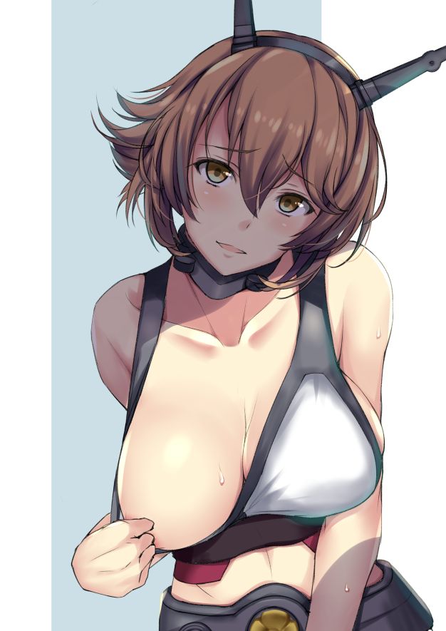 1girl bare_arms bare_shoulders blush breasts brown_hair collarbone flipped_hair green_eyes headgear kantai_collection kuurunaitsu large_breasts looking_at_viewer metal_belt midriff mutsu_(kantai_collection) navel one_breast_out parted_lips short_hair simple_background solo two-tone_background white_background