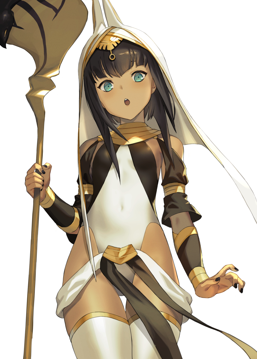 1girl :o aqua_eyes arm_at_side bare_shoulders breasts brown_hair commentary_request covered_navel dark_skin egyptian gold_trim highres holding holding_staff keemu_(occhoko-cho) looking_at_viewer medium_hair original small_breasts solo staff thighhighs upper_teeth white_background