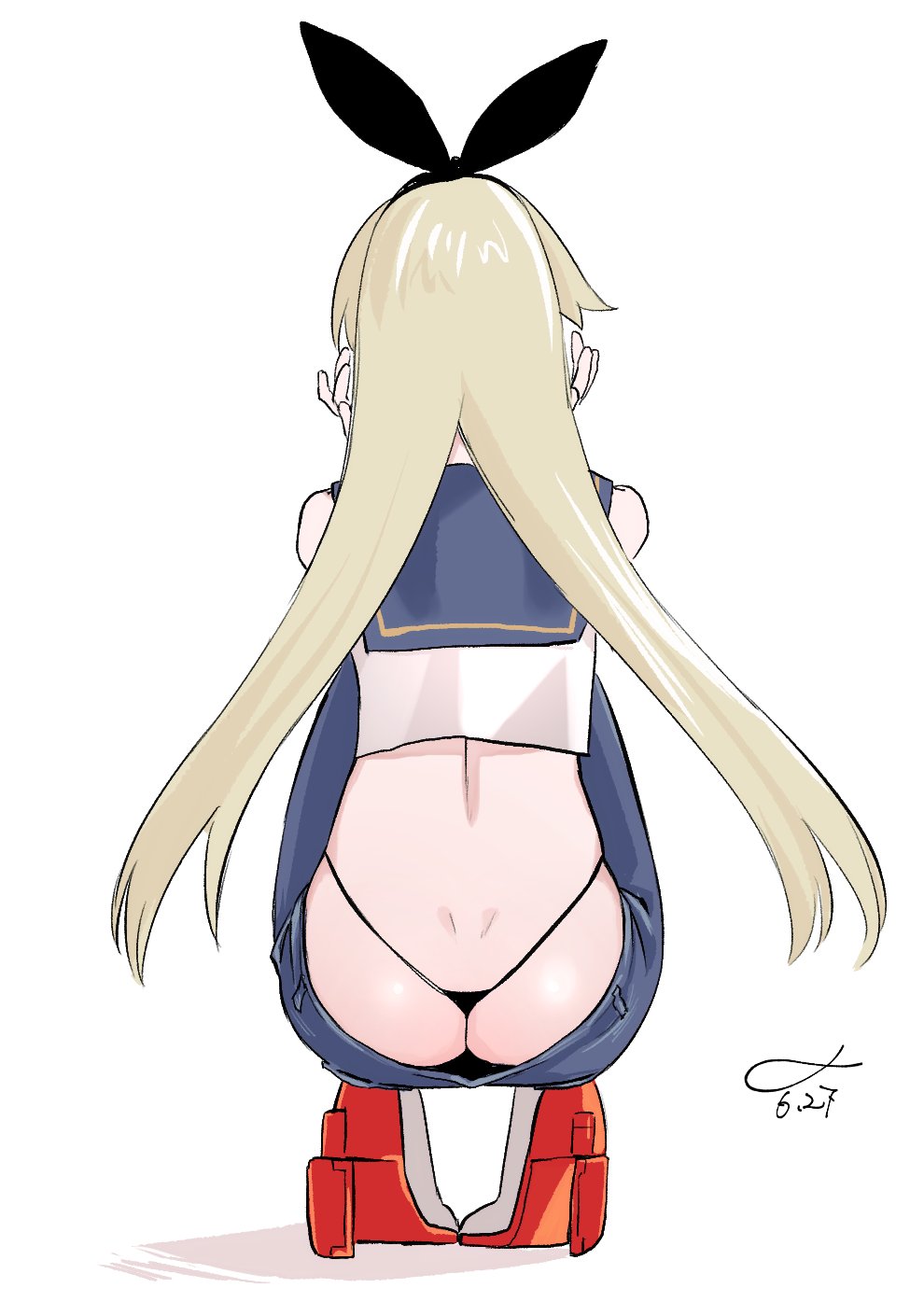 1girl ass black_hairband black_panties blonde_hair blue_pants blue_sailor_collar butt_crack crop_top dated denim downpants from_behind hairband highleg highleg_panties highres jeans kantai_collection long_hair panties pants rudder_footwear sailor_collar shimakaze_(kantai_collection) shishanmo signature simple_background solo squatting underwear white_background