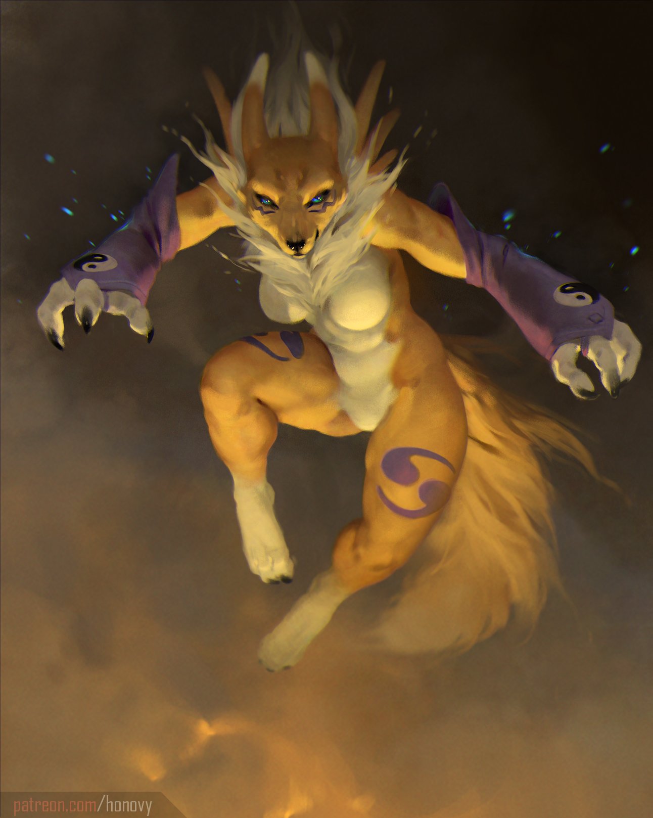2020 3_fingers 4_toes blue_eyes breasts digimon digimon_(species) digital_media_(artwork) featureless_breasts featureless_crotch female fingers hi_res honovy renamon solo toes