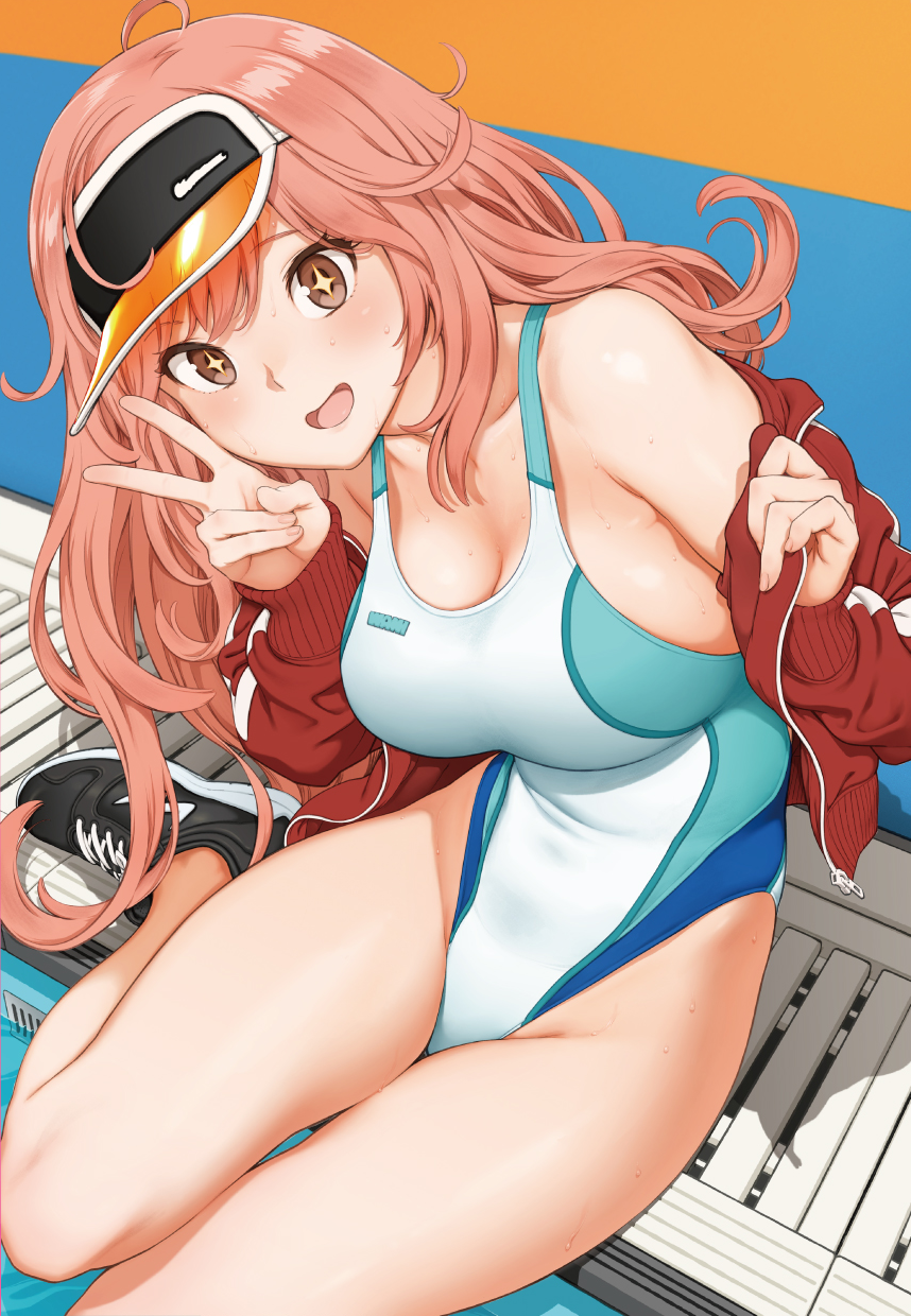 1girl breasts brown_eyes comic_hanaman competition_swimsuit highres inoue_kiyoshirou jacket large_breasts long_hair long_sleeves looking_at_viewer no_socks off_shoulder one-piece_swimsuit open_clothes open_jacket open_mouth pink_hair shoes sneakers solo star-shaped_pupils star_(symbol) swimsuit symbol-shaped_pupils track_jacket v visor_cap