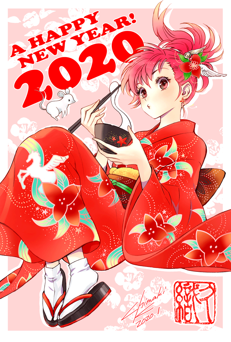 1girl 2020 border bowl chinese_zodiac chopsticks commentary_request dated earrings english_text equuleus_shoko floral_background flower full_body hair_flower hair_ornament happy_new_year holding holding_bowl holding_chopsticks japanese_clothes jewelry kimono kuori_chimaki long_hair mochi mouse new_year outside_border pink_eyes ponytail print_kimono red_hair saint_seiya saint_seiya_saintia_sho sandals signature solo tabi white_border white_legwear wing_hair_ornament year_of_the_rat