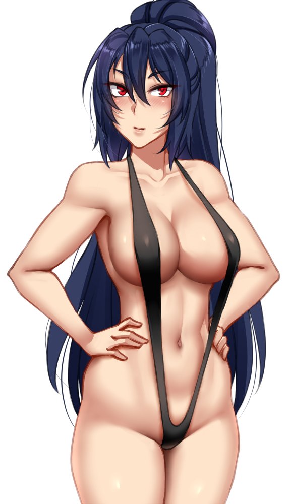 1girl bangs bare_shoulders black_swimsuit blue_hair blush breasts cleavage collarbone commentary cowboy_shot english_commentary eyebrows_visible_through_hair hair_between_eyes hands_on_hips jin_sahyuk large_breasts long_hair looking_at_viewer navel ponytail red_eyes simple_background slingshot_swimsuit solo swimsuit the_novels_extra twrlare v-shaped_eyebrows very_long_hair white_background