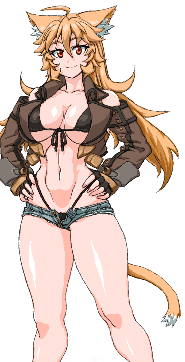 1girl abs ahoge animal_ears bare_shoulders bikini blonde_hair breasts cat_ears cat_girl cat_tail cleavage collarbone commentary_request cropped_jacket eyebrows_visible_through_hair feet_out_of_frame fingerless_gloves gloves hair_between_eyes hands_on_hips large_breasts long_hair long_sleeves looking_at_viewer navel open_fly orange_eyes original pansy_orchid short_shorts shorts simple_background smile solo standing stomach swimsuit tail thick_thighs thighs white_background zipper