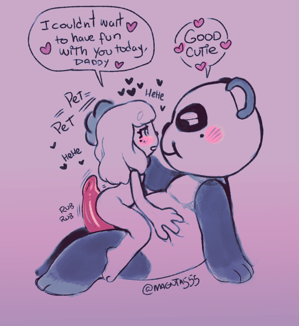 2020 animal_crossing anthro blush butt chibi chow_(animal_crossing) duo english_text genitals giant_panda human human_on_anthro interspecies magnta male mammal nintendo penis simple_background sitting slightly_chubby text ursid video_games