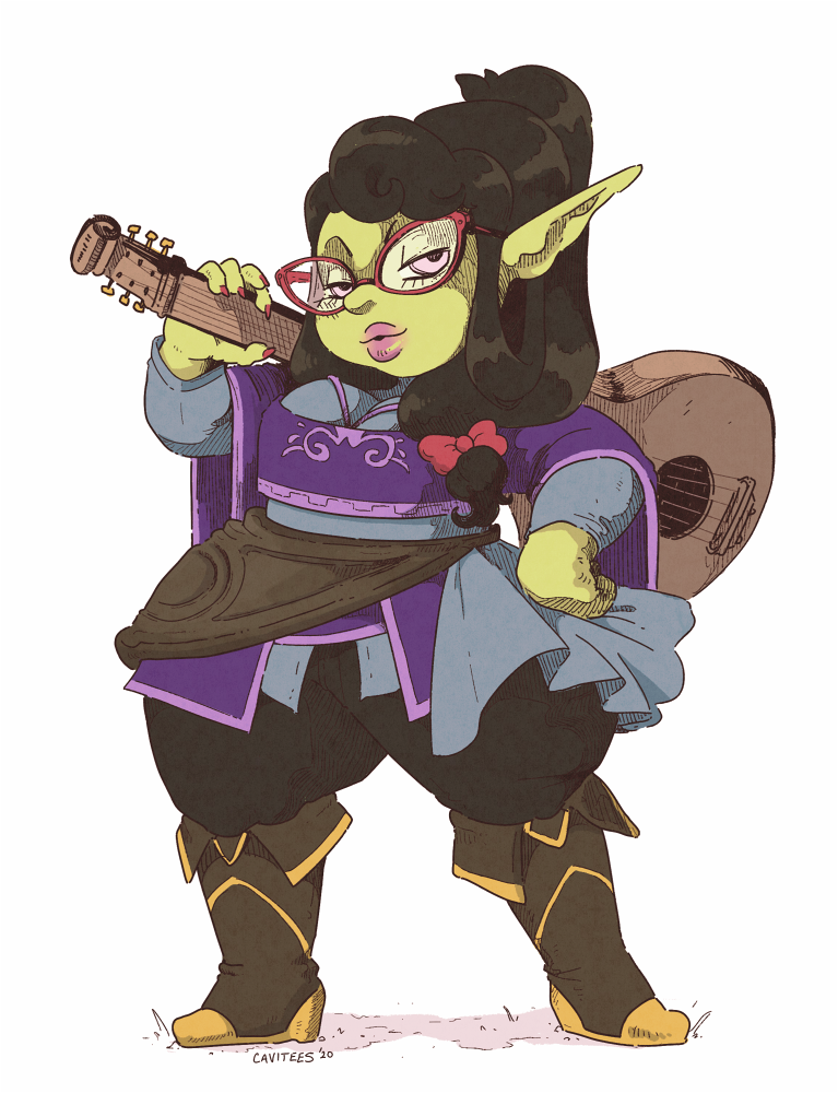 2020 bard black_hair breasts cavitees female goblin green_body guitar hair humanoid humanoid_pointy_ears musical_instrument not_furry plucked_string_instrument ribbons short_stack simple_background solo standing string_instrument thick_thighs white_background wide_hips