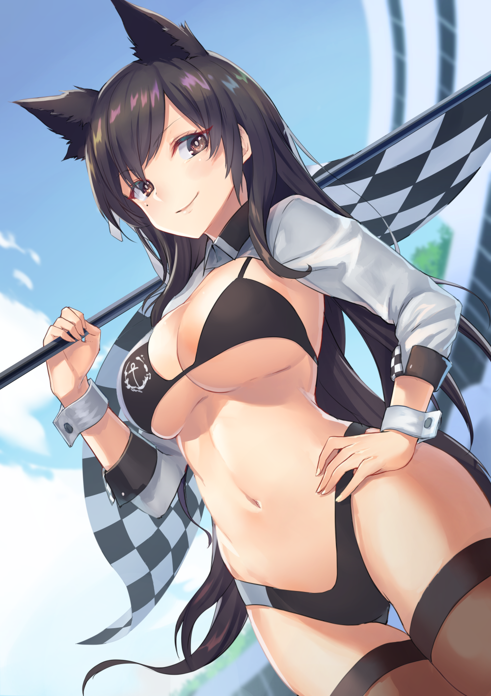 1girl animal_ears ass_visible_through_thighs atago_(azur_lane) azur_lane bikini black_bikini black_hair blue_sky breasts brown_eyes brown_legwear checkered checkered_flag cleavage closed_mouth day dutch_angle extra_ears flag hand_on_hip highres holding holding_flag large_breasts long_hair long_sleeves looking_at_viewer mole mole_under_eye navel outdoors race_queen shimozuki_shio shrug_(clothing) sky smile solo stomach swimsuit thigh_gap thighhighs underboob very_long_hair wrist_cuffs