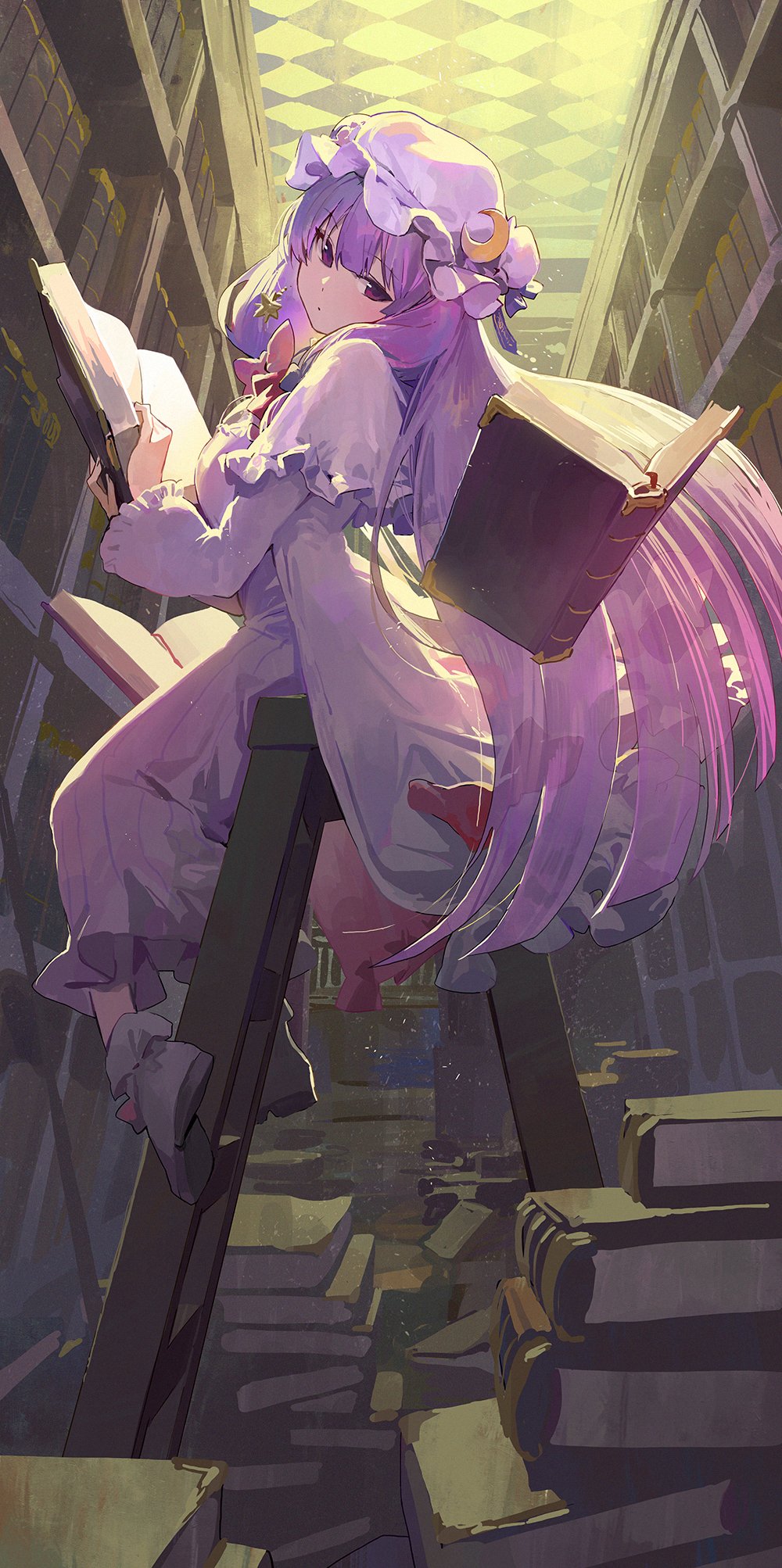 1girl backlighting blue_bow book book_stack bookshelf bow breasts capelet checkered crescent crescent_moon_pin dress expressionless from_side full_body hat head_tilt highres holding holding_book indoors library long_hair long_sleeves looking_at_viewer medium_breasts mob_cap mossi patchouli_knowledge purple_capelet purple_dress purple_eyes purple_hair red_bow sitting solo touhou very_long_hair