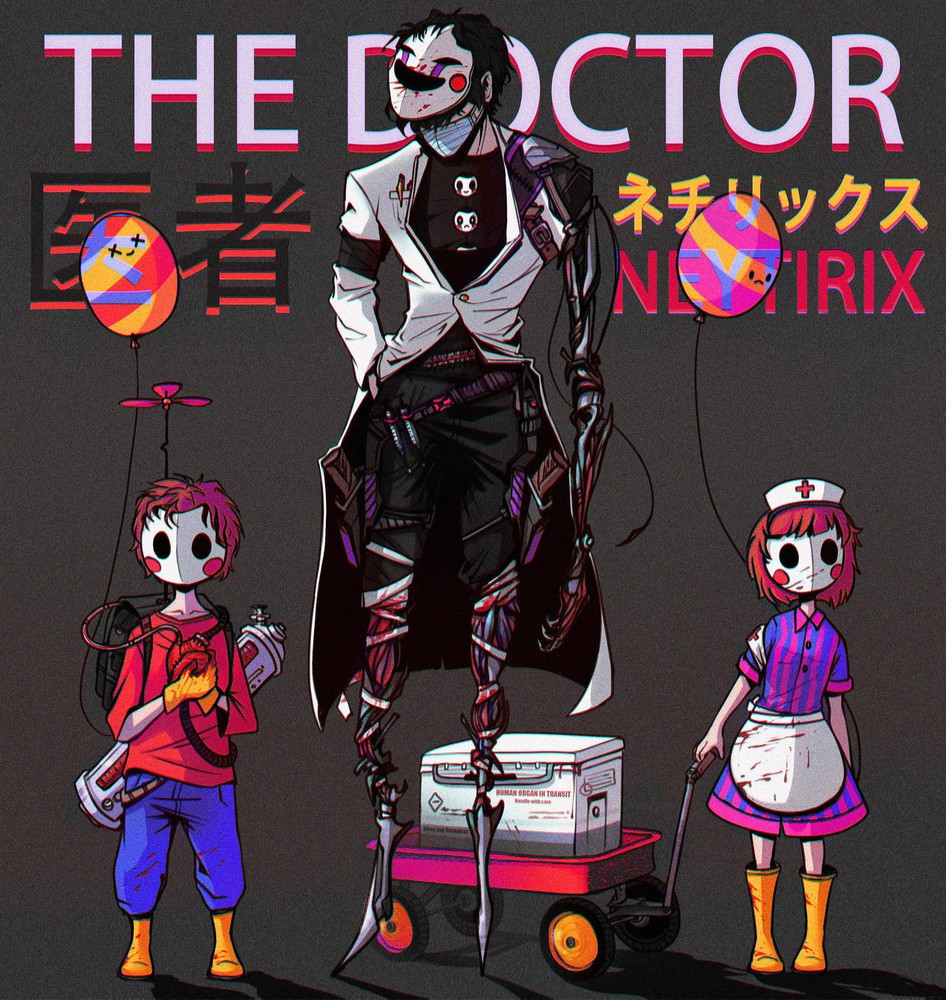 1girl 2boys backpack bag balloon balloon_boy_(fnaf) bandaged_leg bandages black_hair blood bloody_bandages box brown_hair child container cyborg doctor five_nights_at_freddy's five_nights_at_freddy's_2 gun hat heart holding_heart holster humanization instrument jj_(fnaf) mask mechanical_arm mechanical_legs mouth_mask multiple_boys neytirix nurse nurse_cap organ short_hair surgical_mask the_puppet_(fnaf) weapon wheelbarrow