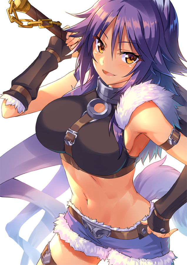 1girl animal_ear_fluff animal_ears arm_belt arm_strap bangs bare_shoulders belt black_shirt blush breasts chain collar crop_top detached_sleeves fur-trimmed_shorts fur_trim gia_kon large_breasts looking_at_viewer makoto_(princess_connect!) medium_hair metal_collar midriff open_mouth princess_connect! princess_connect!_re:dive purple_hair purple_shorts shirt shorts sidelocks smile sword tail thighs weapon wolf_ears wolf_girl wolf_tail yellow_eyes