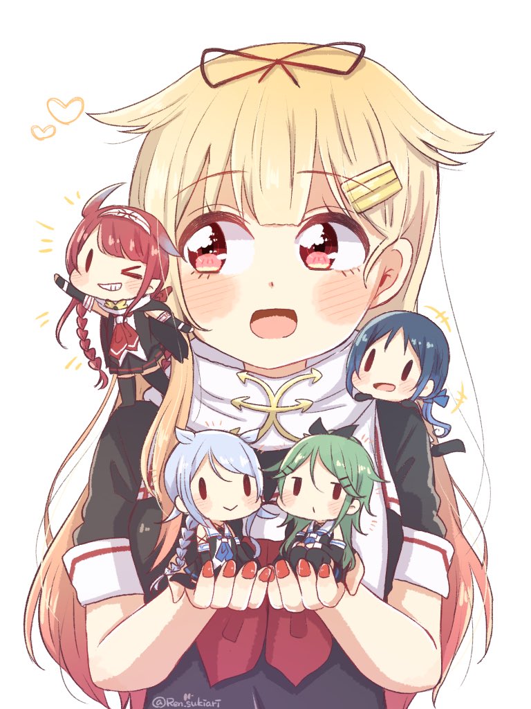 5girls bangs blonde_hair blue_hair blush braid eyebrows_visible_through_hair grin hair_flaps hair_ornament hair_ribbon hairclip kantai_collection kawakaze_(kantai_collection) long_hair minigirl multiple_girls nail_polish one_eye_closed open_mouth pointy_ears ponytail red_nails remodel_(kantai_collection) ren_kun ribbon sailor_collar scarf school_uniform serafuku short_sleeves silver_hair simple_background smile suzukaze_(kantai_collection) twitter_username umikaze_(kantai_collection) white_background white_scarf yamakaze_(kantai_collection) yuudachi_(kantai_collection)