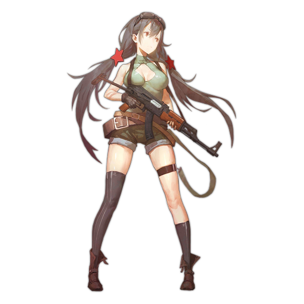 1girl asymmetrical_legwear bangs bare_shoulders belt belt_buckle black_gloves black_legwear boots breasts brown_belt brown_eyes brown_footwear brown_hair brown_shorts buckle cancer_(zjcconan) cleavage closed_mouth facing_viewer full_body girls_frontline gloves goggles goggles_on_head green_shirt gun hair_between_eyes hair_ornament holding holding_gun holding_weapon kneehighs long_hair looking_away looking_to_the_side low-tied_long_hair medium_breasts mismatched_legwear official_art shirt shoes shorts single_glove single_thighhigh sleeveless sleeveless_shirt solo standing star_(symbol) star_hair_ornament thigh_strap thighhighs thighs transparent_background twintails type_56_assault_rifle type_56_assault_rifle_(girls_frontline) weapon