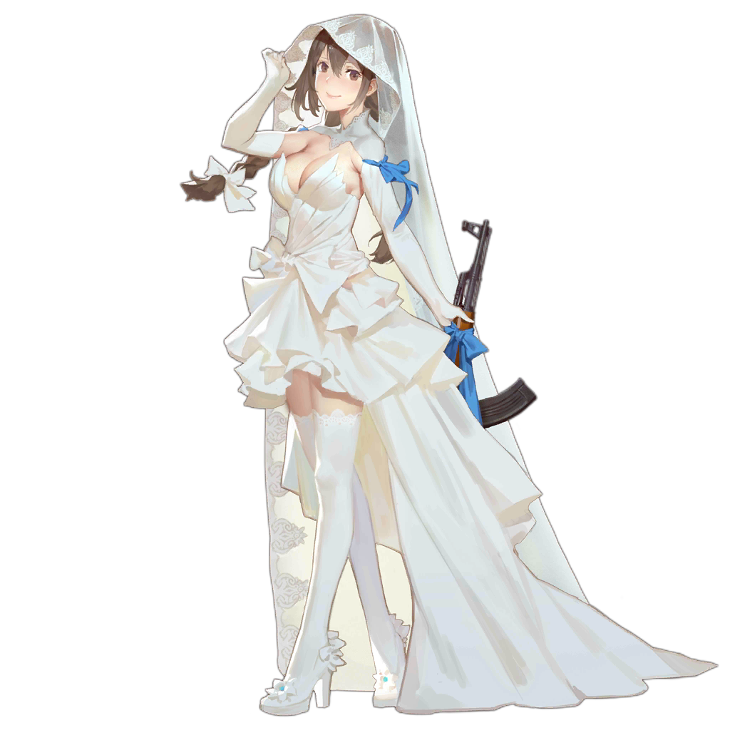 1girl alternate_costume arm_up assault_rifle bangs blue_ribbon braid breasts bridal_veil brown_eyes brown_hair cancer_(zjcconan) cleavage closed_mouth collar detached_collar dress full_body girls_frontline gloves gun hair_between_eyes hair_ornament hair_ribbon high_heels holding holding_gun holding_weapon large_breasts lips long_dress long_hair looking_at_viewer official_art ribbon rifle shoes sidelocks smile solo standing thighhighs transparent_background twin_braids type_56_assault_rifle type_56_assault_rifle_(girls_frontline) veil weapon wedding_dress white_dress white_footwear white_legwear white_ribbon