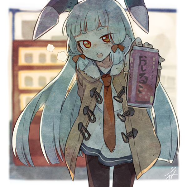 1girl ark_kan bangs blunt_bangs coat dress giving hair_ribbon incoming_drink kantai_collection light_blue_hair long_hair looking_at_viewer murakumo_(kantai_collection) orange_eyes pantyhose ribbon sailor_dress sidelocks solo tress_ribbon very_long_hair winter_clothes winter_coat