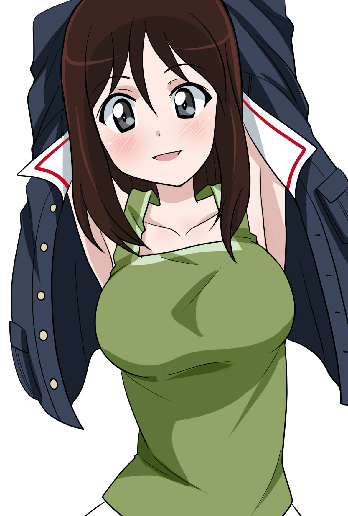alternate_costume armpits arms_behind_head arms_up black_eyes blush breasts brown_hair collarbone eyebrows_visible_through_hair girls_und_panzer green_tank_top hair_between_eyes highres jacket looking_at_viewer medium_hair megumi_(girls_und_panzer) navy_blue_jacket ooarai_military_uniform open_clothes open_jacket parted_lips simple_background skirt smile tank_top wakku_kan white_background white_skirt