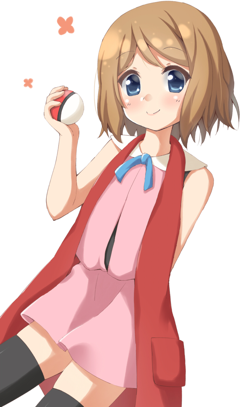 1girl bangs black_legwear blue_eyes blue_ribbon blush brown_hair commentary_request eyebrows_visible_through_hair haru_(konomi_150) highres holding holding_poke_ball looking_at_viewer poke_ball poke_ball_(generic) pokemon pokemon_(anime) pokemon_xy_(anime) ribbon serena_(pokemon) short_hair simple_background sleeveless sleeveless_duster smile solo thighhighs white_background