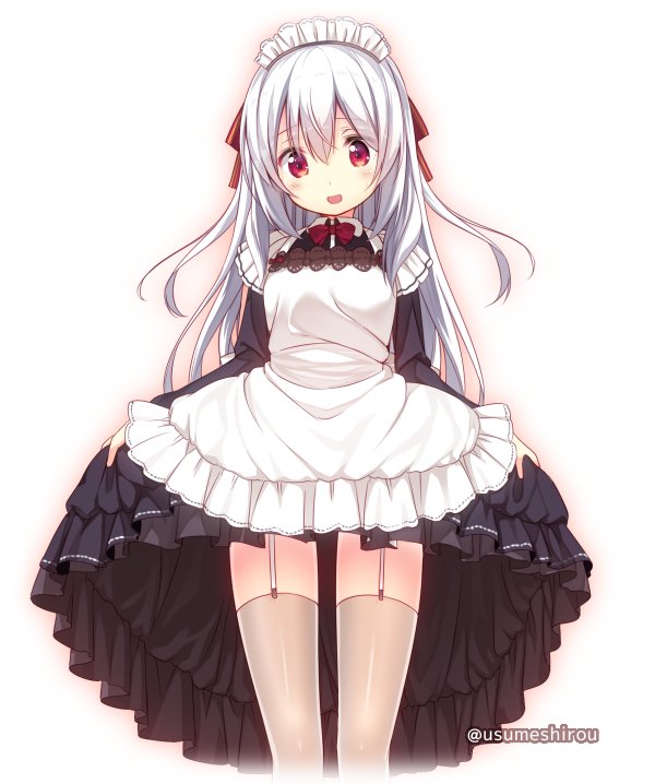 1girl apron artist_name black_dress dress dress_lift garter_straps lifted_by_self long_hair looking_at_viewer maid maid_headdress open_mouth original red_eyes silver_hair simple_background smile solo thighhighs thighs usume_shirou white_apron white_background white_legwear zettai_ryouiki