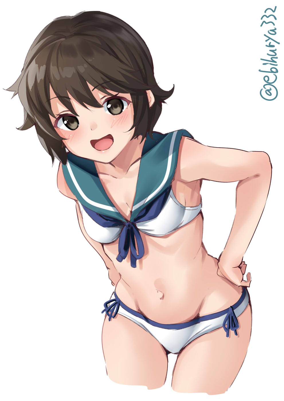 1girl adapted_costume bikini blue_sailor_collar blush breasts brown_eyes brown_hair collarbone cowboy_shot ebifurya hands_on_hips highres kantai_collection leaning_forward looking_at_viewer miyuki_(kantai_collection) navel open_mouth sailor_collar short_hair small_breasts smile swimsuit twitter_username white_background white_bikini white_swimsuit