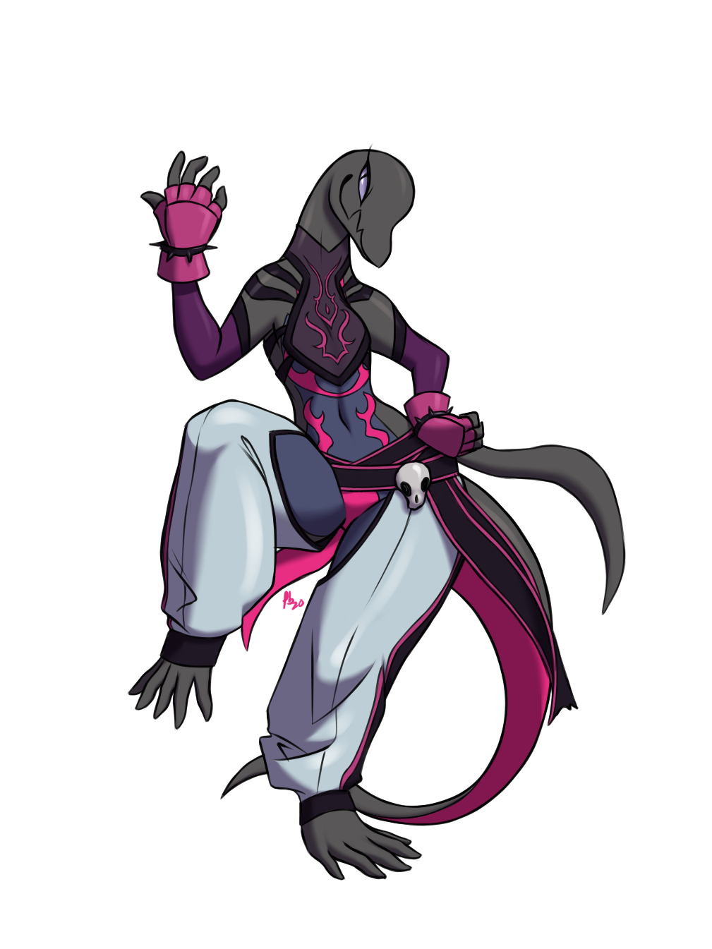 alpha_channel anthro armwear barefoot bottomwear capcom clothed clothing cosplay furball gloves handwear hi_res juri_han midriff multicolored_tail nintendo pink_body pink_gloves pink_handwear pink_tail pok&eacute;mon pok&eacute;mon_(species) purple_armwear purple_clothing salazzle solo street_fighter video_games