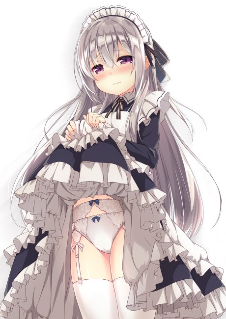 1girl 3: apron bangs black_dress blue_bow blush bow bow_panties closed_mouth commentary_request cowboy_shot dress dress_lift eyebrows_visible_through_hair frilled_dress frills garter_belt hair_between_eyes lifted_by_self long_hair long_sleeves looking_at_viewer maid maid_apron maid_headdress nose_blush original panties panties_over_garter_belt purple_eyes shiny shiny_hair silver_hair simple_background solo thighhighs underwear usume_shirou very_long_hair white_apron white_background white_legwear white_panties