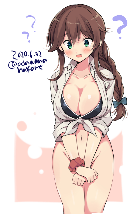 1girl ? aqua_eyes bikini black_bikini blue_bow blush bottomless bow braid breasts brown_hair cleavage collared_shirt confused covering covering_crotch cropped_legs dated eyebrows_visible_through_hair feet_out_of_frame frown green_eyes groin hair_between_eyes hair_bow kantai_collection large_breasts long_hair navel noshiro_(kantai_collection) odawara_hakone open_mouth scrunchie shirt simple_background single_braid solo swimsuit tearing_up tied_shirt twitter_username white_background white_shirt