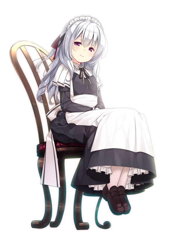 1girl apron black_dress brown_footwear chair dress full_body hands_together long_hair looking_at_viewer maid maid_headdress original red_eyes shoes silver_hair simple_background sitting smile solo thighhighs usume_shirou white_apron white_background white_legwear