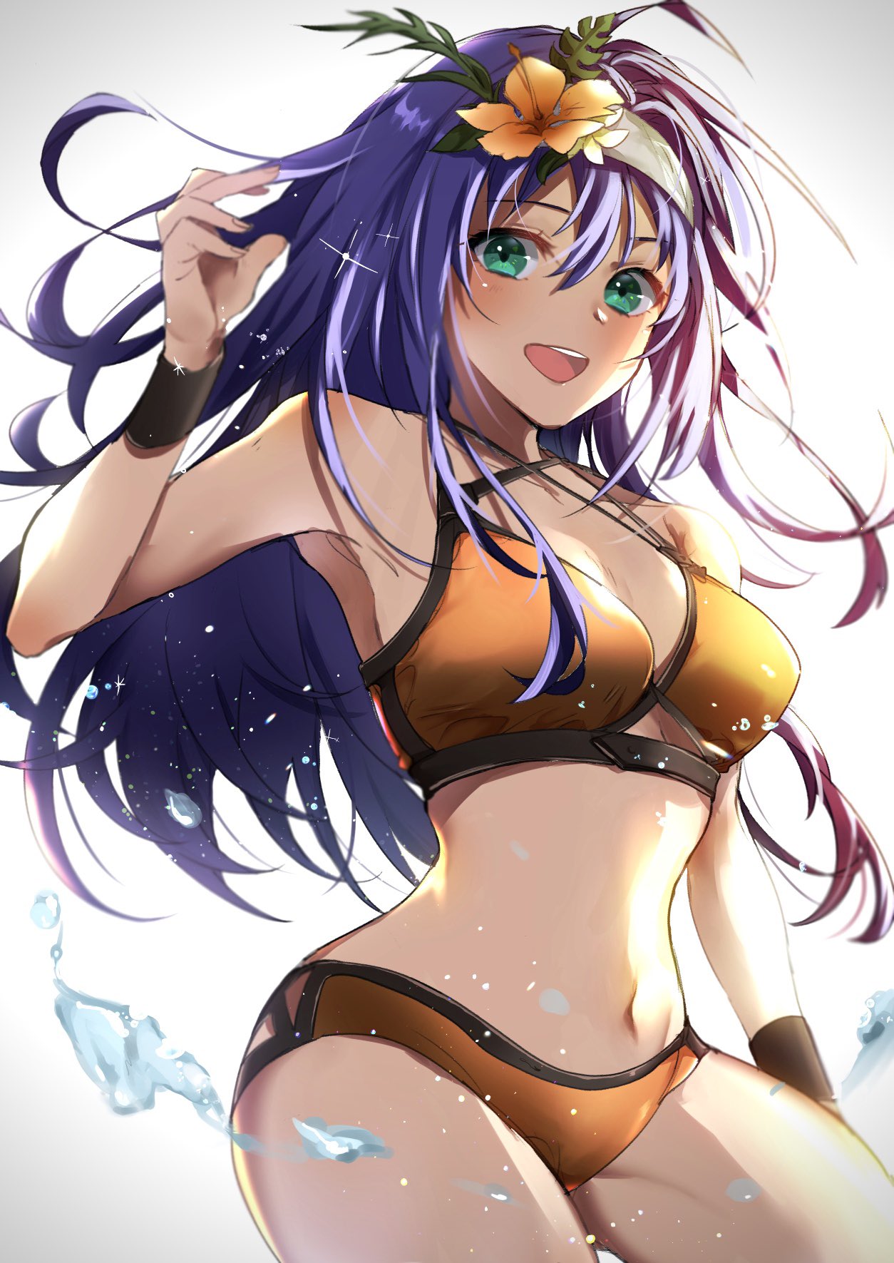 1girl backlighting bangs bare_shoulders bikini blue_hair blush breasts cleavage collarbone cowboy_shot eyebrows_visible_through_hair fire_emblem fire_emblem:_path_of_radiance fire_emblem_heroes flower green_eyes hair_between_eyes hair_flower hair_ornament hairband headband highres long_hair looking_at_viewer medium_breasts mia_(fire_emblem) navel nekolook open_mouth orange_bikini smile standing stomach swimsuit teeth thighs tongue water white_hairband wristband