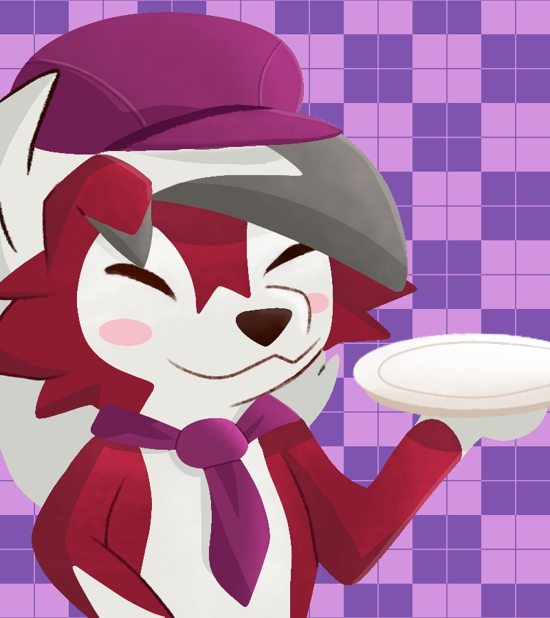 2020 ambiguous_gender black_nose blush blush_stickers bow_tie canid canine clothing eyes_closed fur hair happy hat headgear headwear lycanroc mammal midnight_lycanroc nintendo plate pok&eacute;mon pok&eacute;mon_(species) pokemon_cafe_mix purple_background red_body red_fur serial_(artist) simple_background solo video_games white_body white_fur white_hair