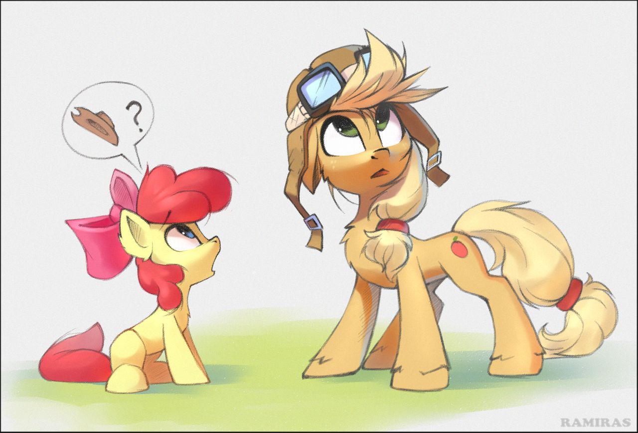 apple_bloom_(mlp) applejack_(mlp) clothing cutie_mark duo equid equine eyewear female friendship_is_magic glasses hasbro hat headgear headwear horse looking_up mammal my_little_pony pony question ramiras simple_background white_background