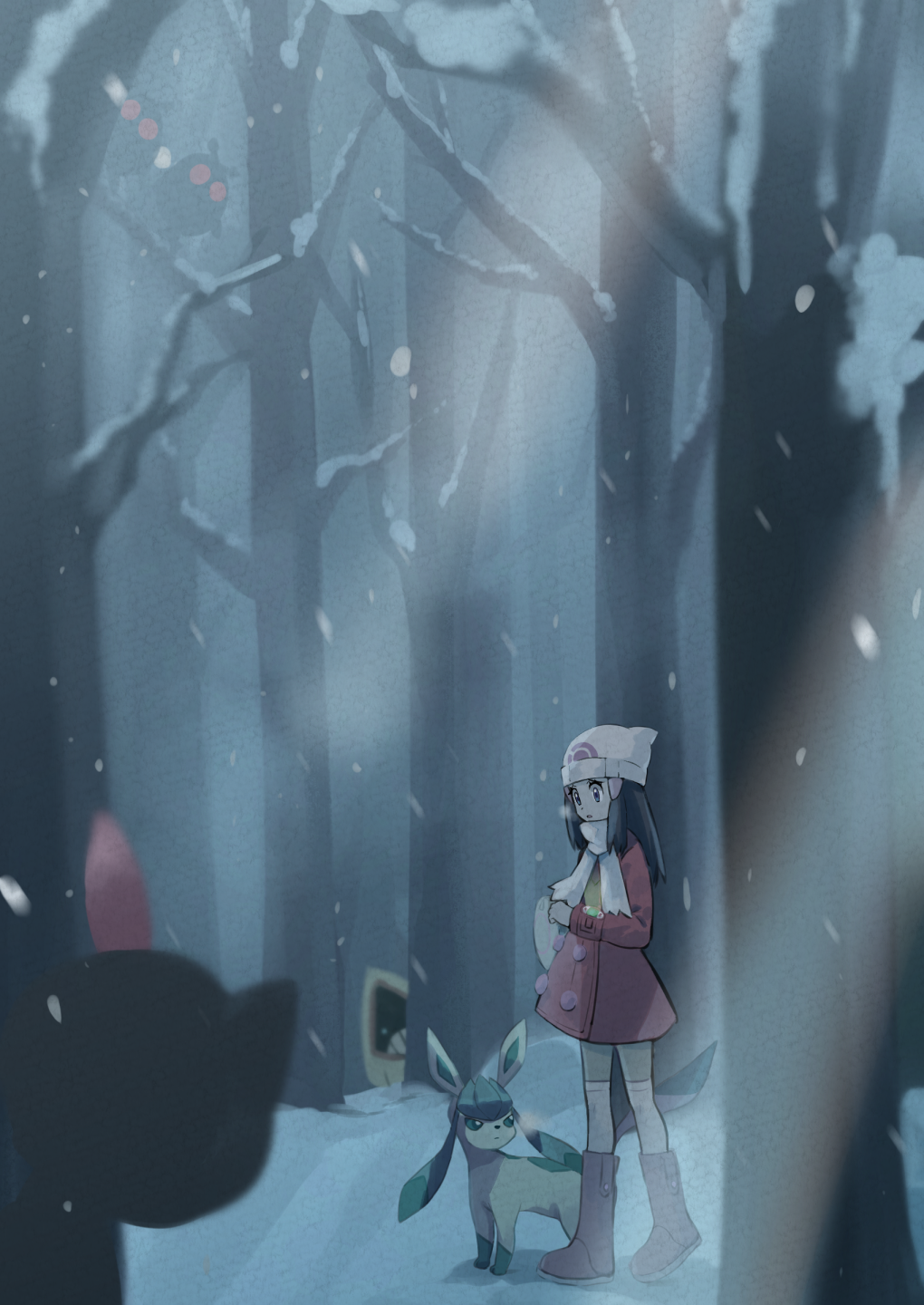 1girl bare_tree beanie boots buttons commentary_request gen_2_pokemon gen_3_pokemon gen_4_pokemon glaceon hair_ornament hairclip hat highres hikari_(pokemon) hoothoot long_hair long_sleeves outdoors pink_footwear pokemon pokemon_(creature) pokemon_(game) pokemon_dppt pokemon_platinum scarf sneasel snorunt snow snowing standing thighhighs tree walking white_headwear white_legwear white_scarf winter winter_clothes yamabuki0