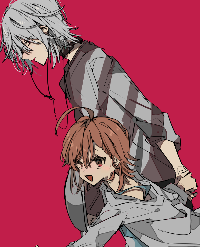 1boy 1girl accelerator age_difference ahoge black_choker blush brown_eyes brown_hair choker earbuds earphones eyes_visible_through_hair grey_hair holding holding_hands ihako last_order looking_down open_mouth parted_lips red_background red_eyes short_hair simple_background smile to_aru_majutsu_no_index