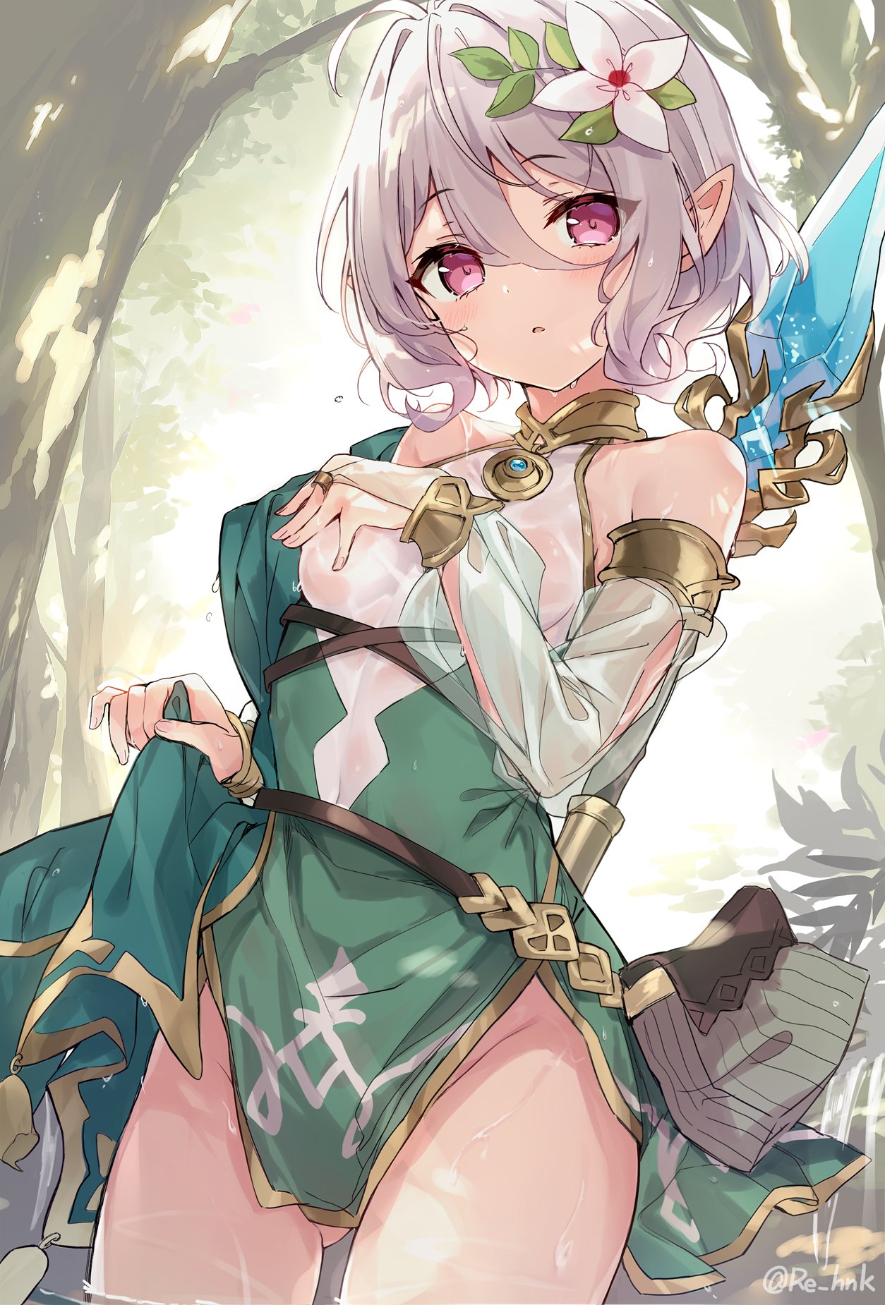 1girl ahoge ass_visible_through_thighs bag bare_shoulders breasts cowboy_shot detached_sleeves dress elf flower gold_trim green_dress groin hair_between_eyes hair_flower hair_ornament highres kokkoro_(princess_connect!) looking_at_viewer pelvic_curtain pink_eyes pointy_ears princess_connect! princess_connect!_re:dive sakura_honoka_(srhk0623) see-through short_hair sidelocks small_breasts solo staff standing thighs wet wet_clothes wet_dress