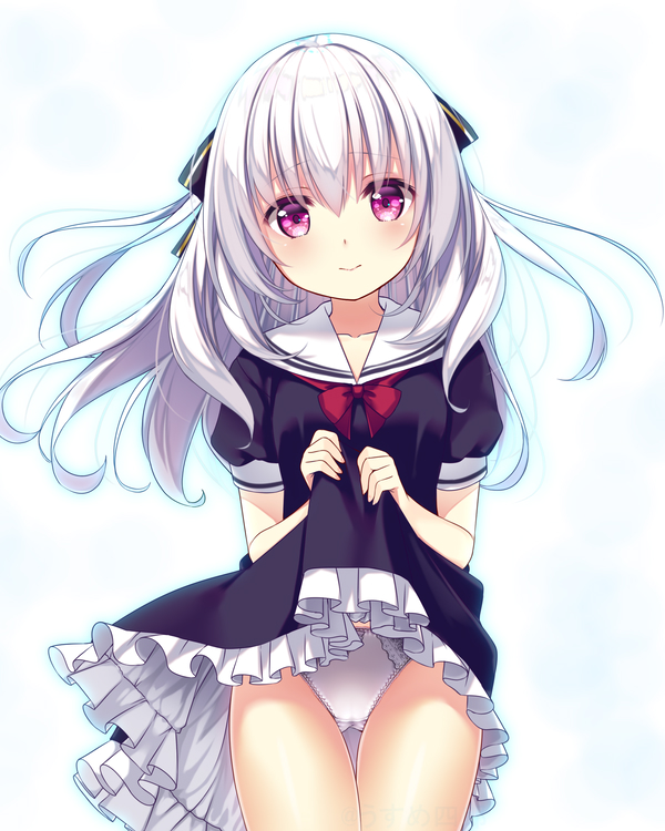 1girl ass_visible_through_thighs black_dress dress dress_lift lifted_by_self long_hair looking_at_viewer original panties pink_eyes ribbon sailor_collar short_sleeves silver_hair simple_background smile solo thigh_gap thighs underwear usume_shirou white_background white_panties