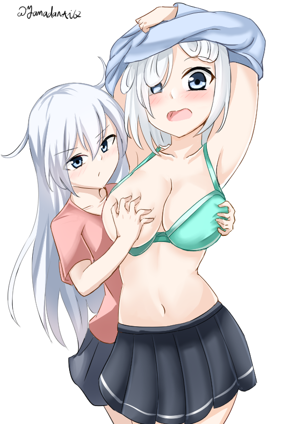 blue_eyes bra breast_envy breast_grab breasts grabbing green_bra hamakaze_(kantai_collection) hibiki_(kantai_collection) kantai_collection large_breasts long_hair medium_hair navel simple_background skirt underwear undressing_another white_hair yamazasan